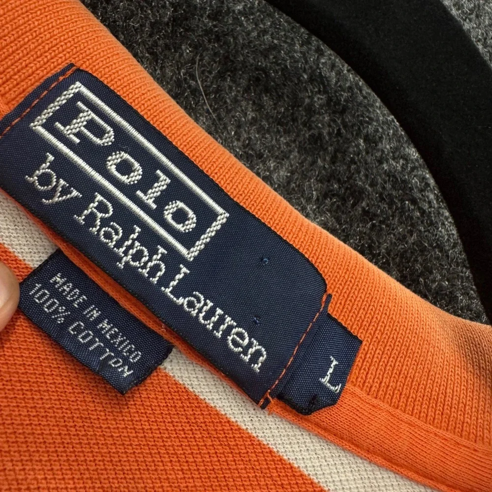 Vintage Polo Ralph Lauren Mens Orange White Striped Cotton Polo Shirt Large